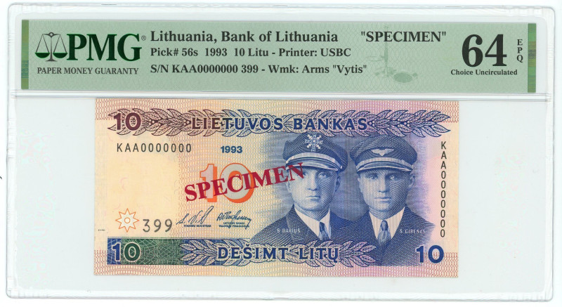 Lithuania 10 Litu 1993 Specimen PMG 64 EPQ Gem UNC

P# 56s, N# 214183; # KAA00...