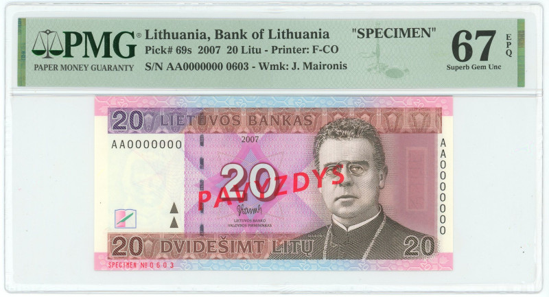 Lithuania 20 Litu 2007 Specimen PMG 67 EPQ Superb Gem UNC

P# 69s, N# 204083; ...