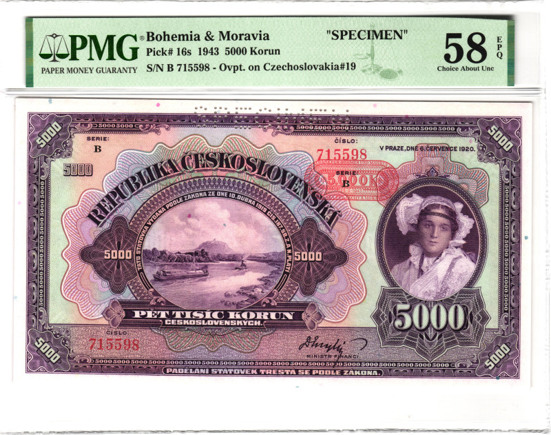 Bohemia & Moravia 5000 Korun 1943 Specimen PMG 58 EPQ Choice About Unc

P# 16s...