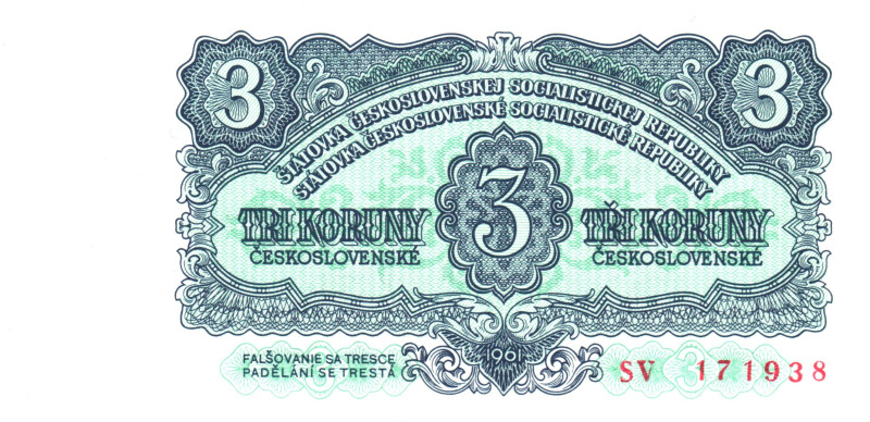 Czechoslovakia 3 Koruny 1961

P# 81a, N# 207313; # SE 223092; UNC