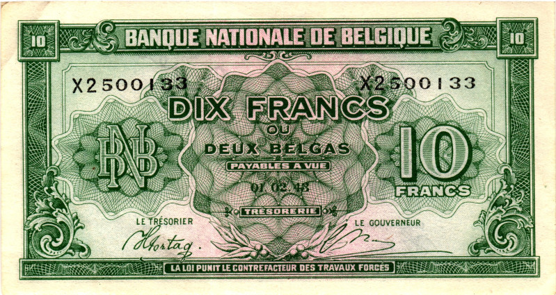 Belgium 10 Francs / 2 Belgas 1943

P# 122a, N# 203940; # X2 500133; VF