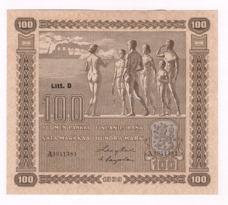 Finland 100 Markkaa 1939

P# 73, N#205521; # Litt.D A3951381; AUNC