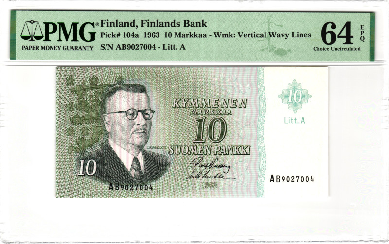 Finland 10 Markkaa 1963 PMG 64 EPQ Choice Uncirculated

P# 104a, N# 205284; # ...