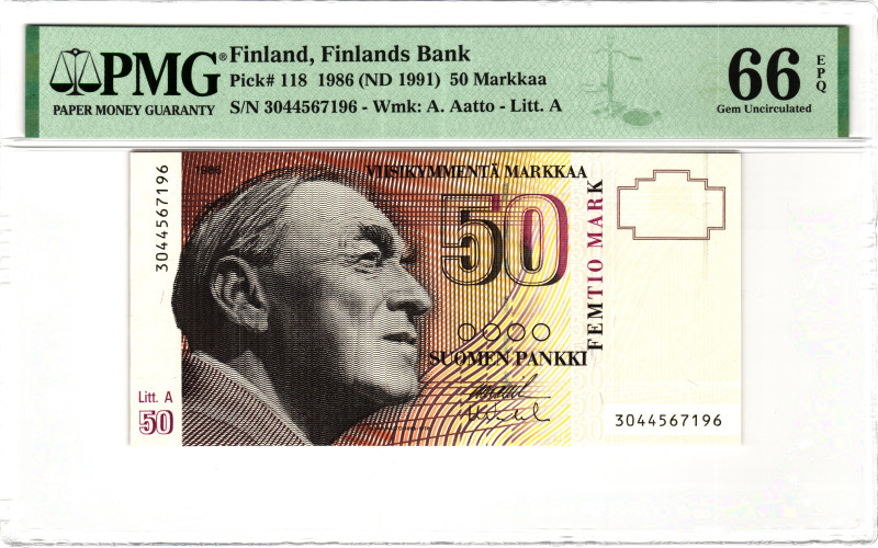 Finland 50 Markkaa 1986 (1991) (ND) PMG 66 EPQ Gem Uncirculated

P# 118, N# 21...