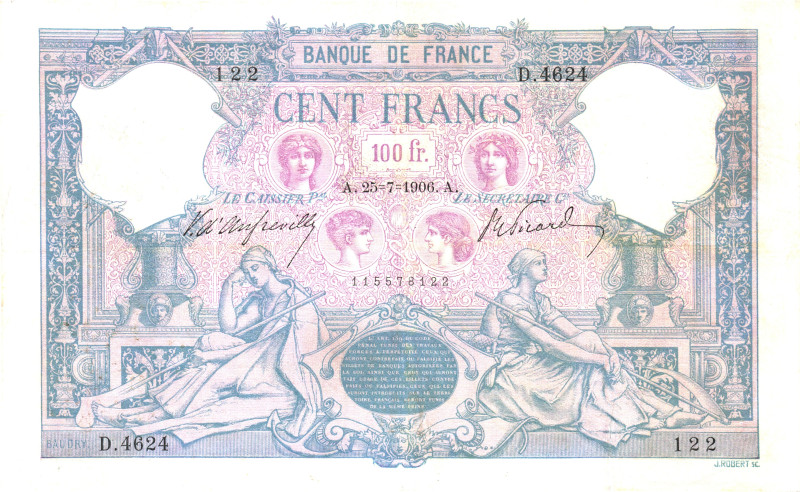 France 100 Francs 1906

P# 65d, N# 206057; # D.4624 122; VF+