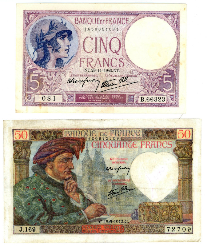 France 5 - 50 Francs 1940 - 1942

P# 83a, 93, VF-XF