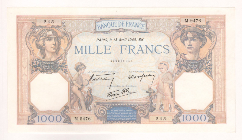 France 1000 Francs 1940

P# 90c, # M.9476 245; Date: 18 april; XF