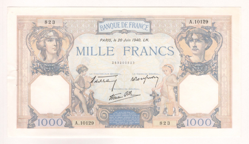 France 1000 Francs 1940

P# 90c, # A.10129 823; Date: 20 june. Pinholes.; XF