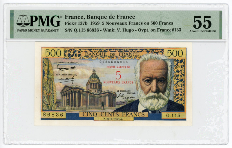 France 5 Nouveaux Francs on 500 Francs 1959 - 1960 Overprint PMG 55 About Uncirc...