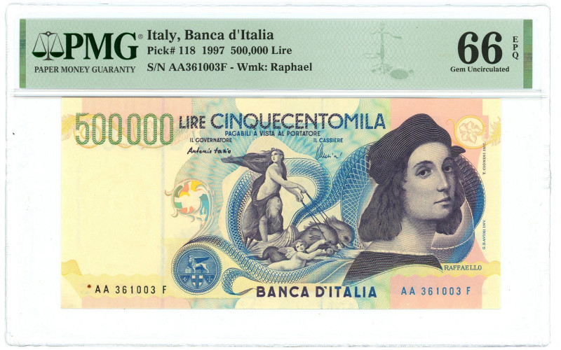 Italy 500000 Lire 1997 PMG 66EPQ Gem UNC

P# 118, N# 208872; # AA 361003 F