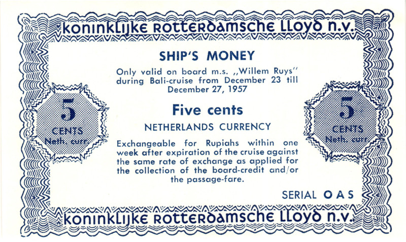 Netherlands "Willem Ruys - Bali Cruise" 5 Cents 1957 Ship's Money

# OAS; UNC