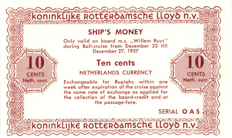 Netherlands "Willem Ruys - Bali Cruise" 10 Cents 1957 Ship's Money

# OAS; UNC