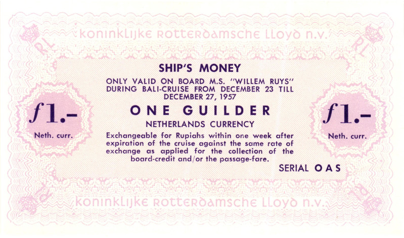 Netherlands "Willem Ruys - Bali Cruise" 1 Gulden 1957 Ship's Money

# OAS; UNC