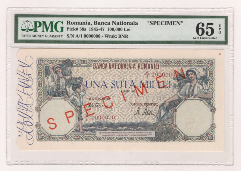 Romania 100000 Lei 1945 Specimen PMG 65 EPQ

P# 58s, N# 205760; # A/I 0000000;...