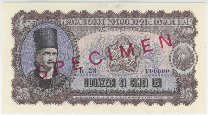 Romania 25 Lei 1952 Specimen

P# 89s, N# 209827; # b28 000000; UNC