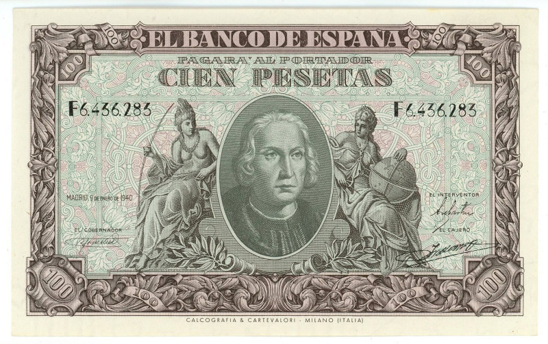 Spain 100 Pesetas 1940 (1943)

P# 118a, N# 207781; # F 6436283; UNC