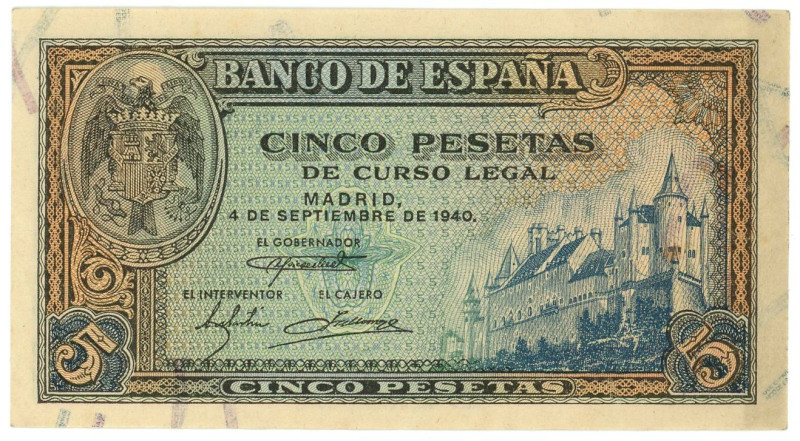 Spain 5 Pesetas 1940

P# 123a, N# 207451; # L 0337996; AUNC