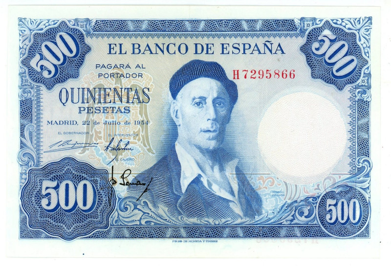 Spain 500 Pesetas 1954

P# 148a, N# 206214; # H 7295866; XF+