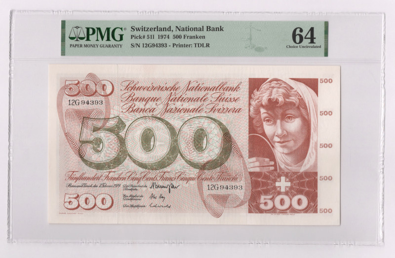 Switzerland 500 Francs 1974 PMG 64

P# 51l, N#203385; # 12G94393; UNC