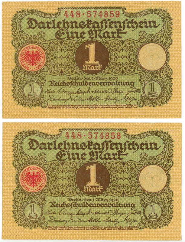 Germany - Weimar Republic 2 x 1 Mark 1920 The Consecutive Pair

P# 58, N# 2035...