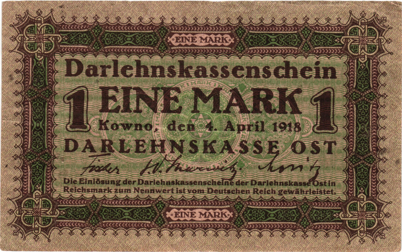 Germany - Empire Darlehnskasse Ost Kowno 1 Mark 1918 German Occupation - WW I
...