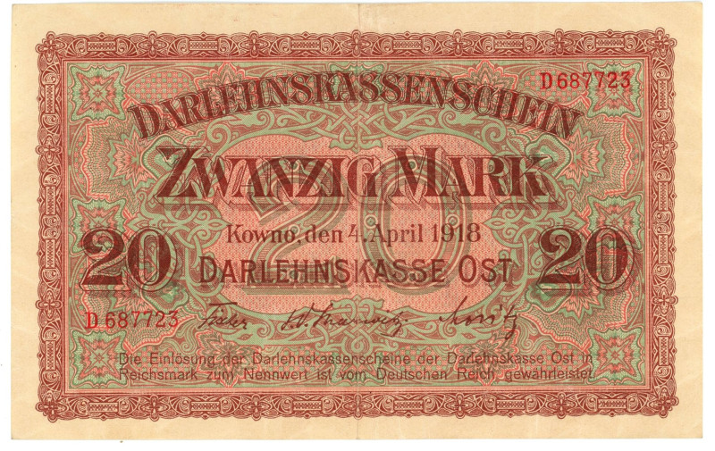 Germany - Empire Darlehnskasse Ost Kowno 20 Mark 1918 German Occupation - WW I
...