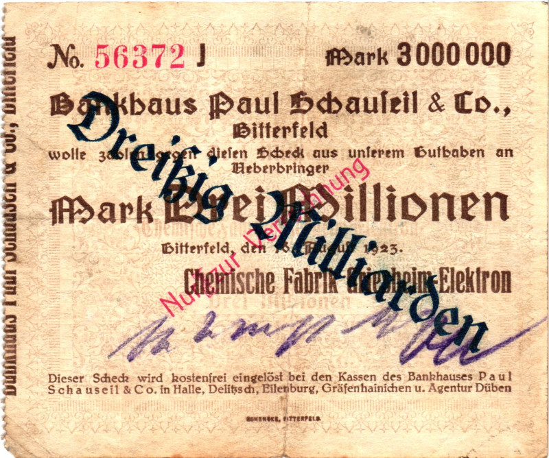 Germany - Weimar Republic Bitterfeld 30 Billion on 3000000 Mark 1923

# 56372J...