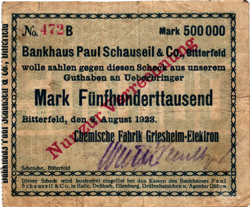 Germany - Weimar Republic Bitterfeld 500000 Mark 1923

# 472B; Now Bitterfeld ...