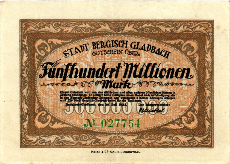 Germany - Weimar Republic Bergisch Gladbach 500000000 Mark 1923

# 027754; Now...