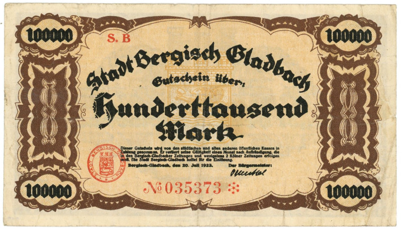 Germany - Weimar Republic Bergisch Gladbach 100000 Mark 1923

# S.B 035373; No...