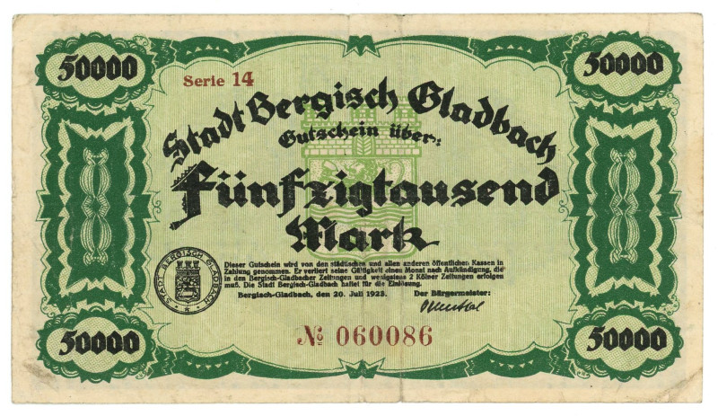 Germany - Weimar Republic Bergisch Gladbach 50000 Mark 1923

# 14 060086; Now ...