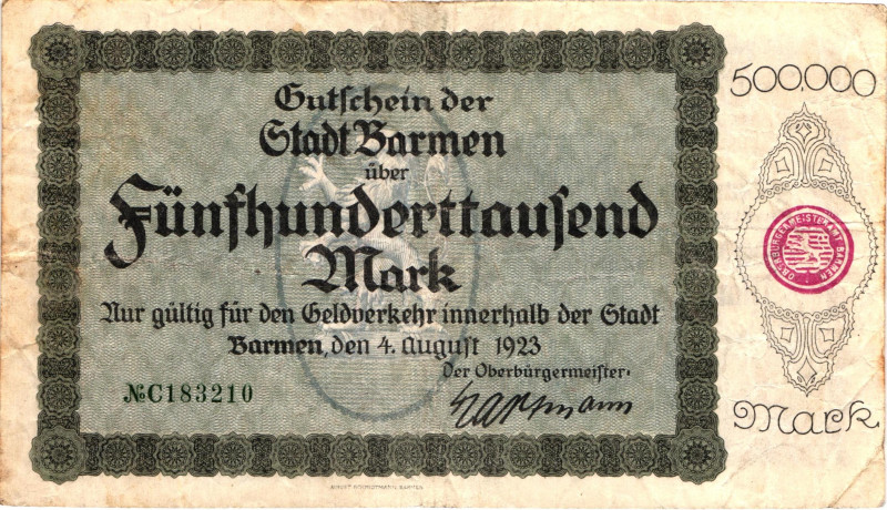 Germany - Weimar Republic Barmen 500000 Mark 1923

N# 245999; # C183210; Now W...