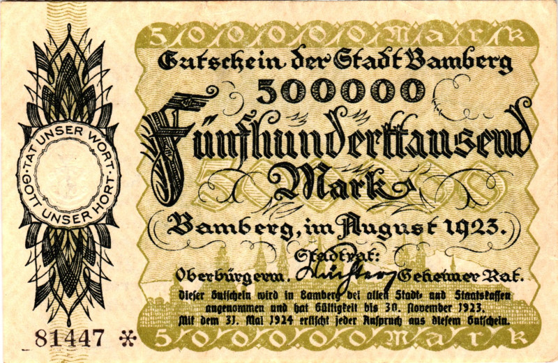 Germany - Weimar Republic Bamberg 500000 Mark 1923

N# 279985; # 81447; Now Ba...