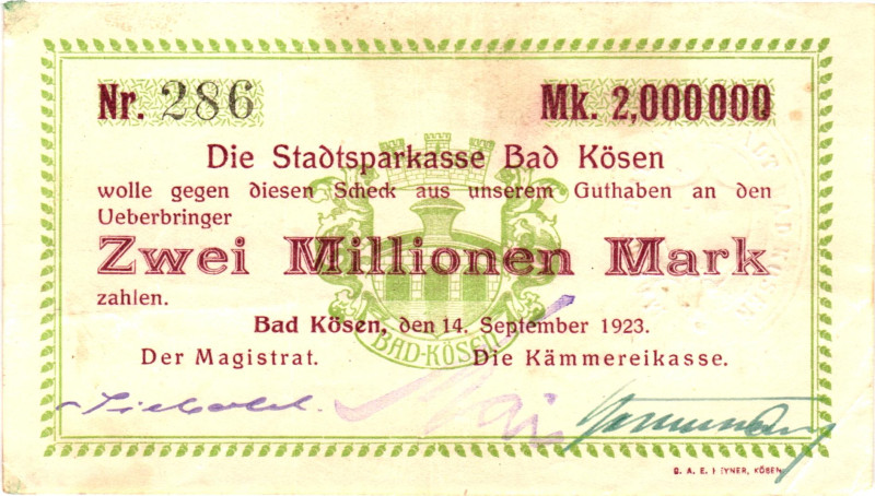 Germany - Weimar Republic Bad Kösen 2000000 Mark 1923

# 286; Now Bad Kösen in...