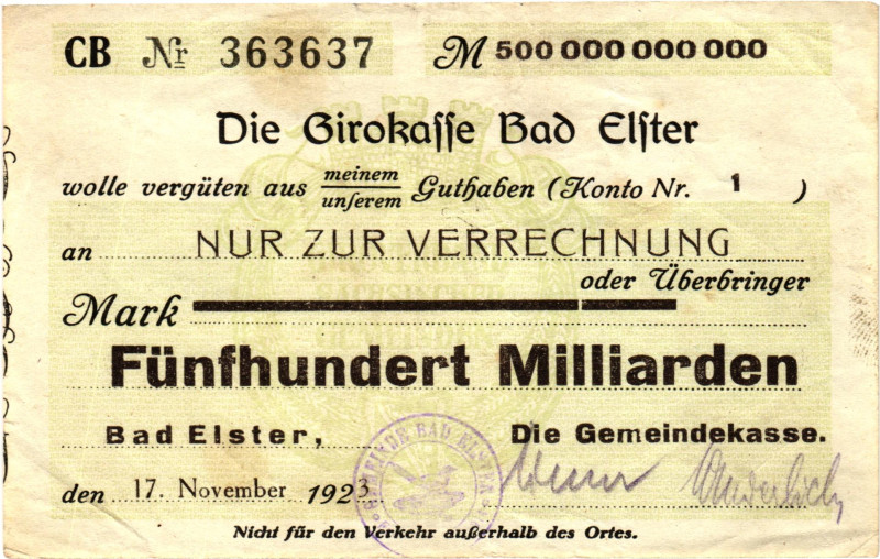 Germany - Weimar Republic Bad Elfter 500 Billion Mark 1923

# CB 363637; Now B...