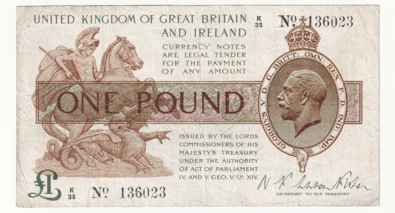 Great Britain 1 Pound 1919 (ND)

P# 357, # 136023; VF