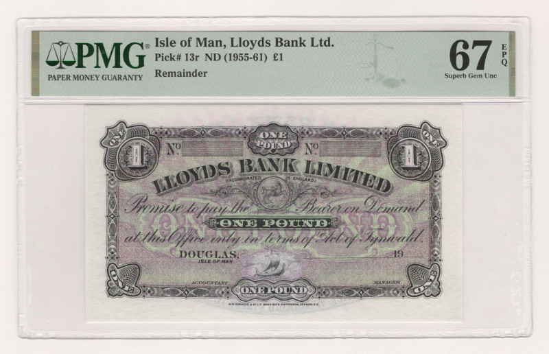 Isle of Man Lloyds Bank 1 Pound 1955 - 1961 (ND) PMG 67 EPQ

P# 13r, N# 296466...