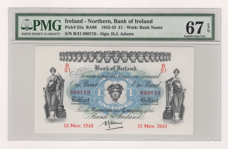 Northern Ireland 1 Pound 1943 PMG 67 EPQ

P# 55a, N#222327; # B/21 090719; Top...