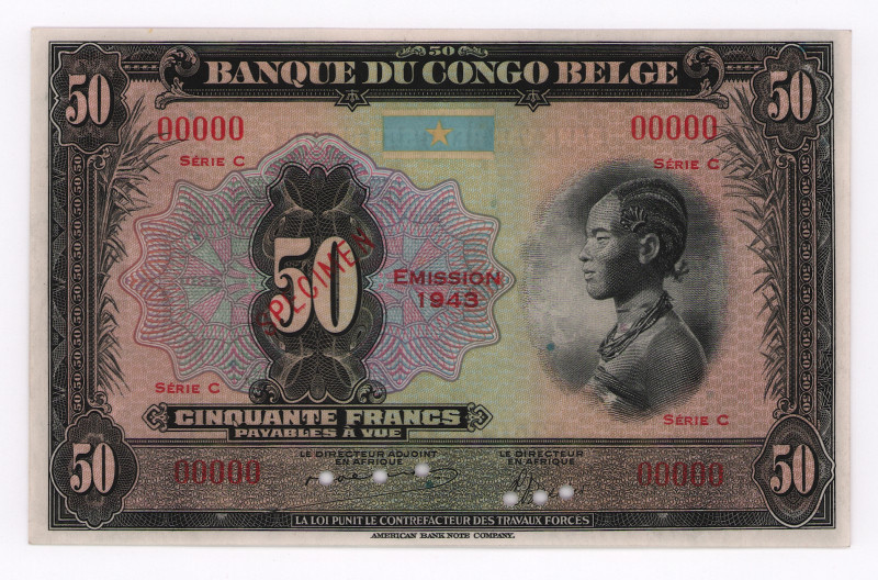 Belgian Congo 50 Francs 1943 Specimen

P# 55s, # 00000; UNC