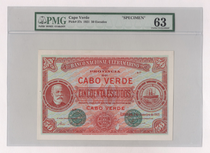 Cabo Verde 50 Escudo 1921 Specimen PMG 63

P# 37s, N# 258546; UNC