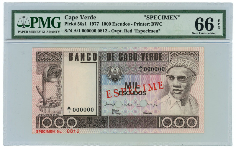 Cabo Verde 1000 Escudos 1977 Specimen; PMG 66 EPQ Gem Uncirculated

P# 56s1, N...