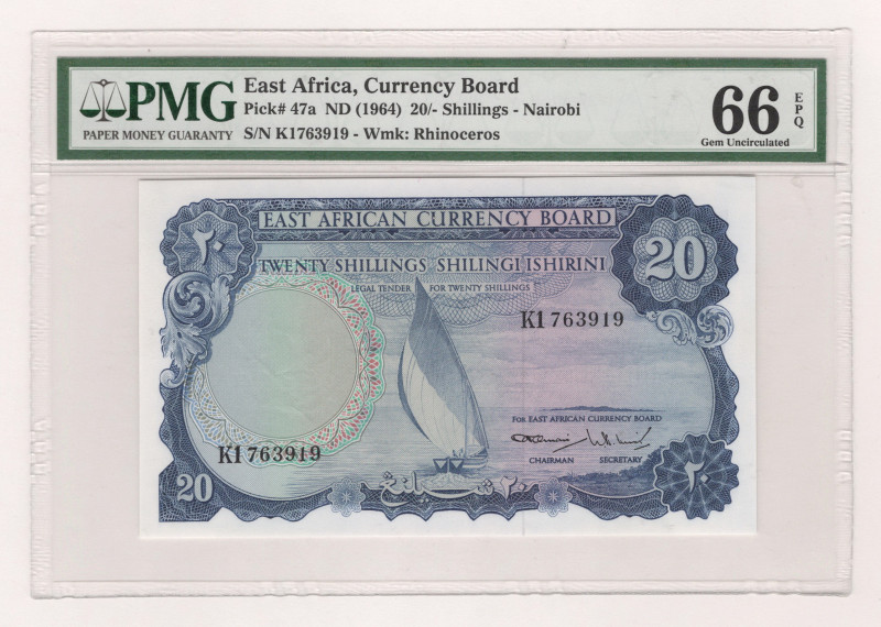 East Africa 20 Shillings 1964 (ND) PMG 66 EPQ

P# 47a, N# 267561; # K1 763919;...