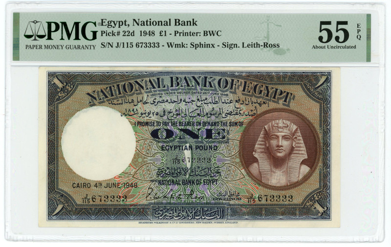 Egypt 1 Pound 1948 PMG 55 EPQ About Uncirculated

P# 22d, N# 207652; # J/15 67...