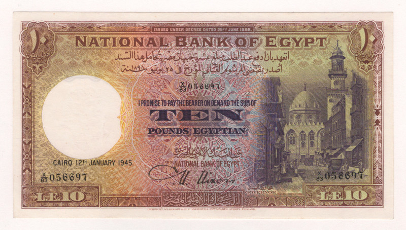 Egypt 10 Pounds 1945

P# 23b, N# 220284; # X/83 056697; AUNC