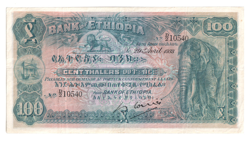 Ethiopia 100 Thalers 1933

P# 10a, N# 297434; # D/2 10540; VF