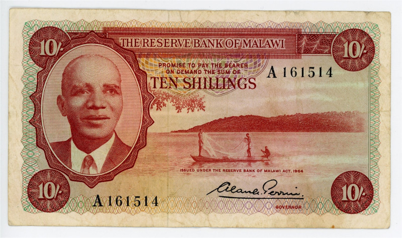 Malawi 10 Shillings 1964

P# 2A, N# 271476; # A161514; Prefix "A"; VF