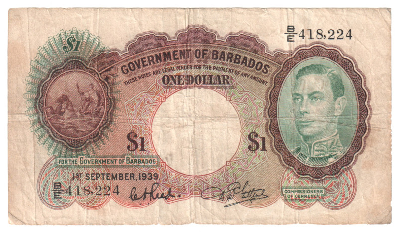 Barbados 1 Dollar 1939

P# 2b, N# 206953; # B/E 418,224; F+