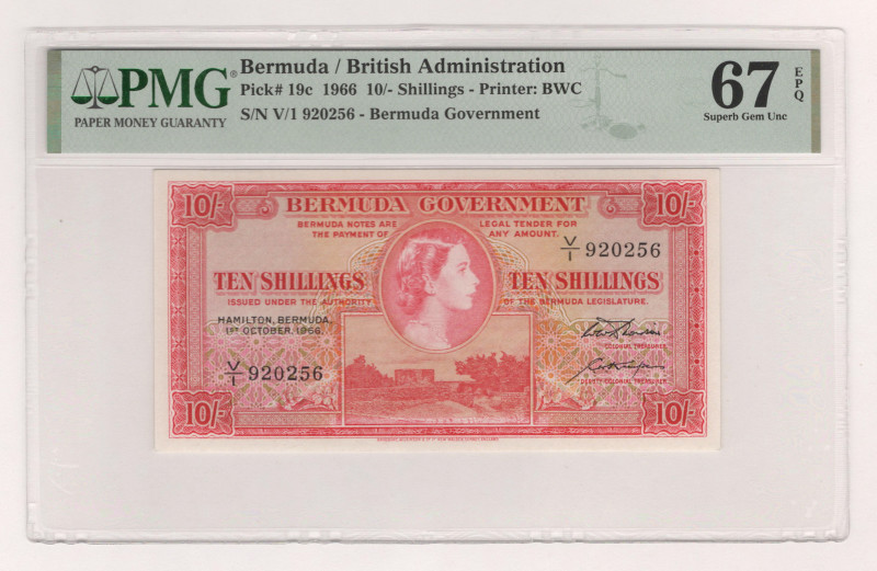 Bermuda 10 Shillings 1966 PMG 67 EPQ

P# 19c, N# 254394; # V/1 920256; Printer...