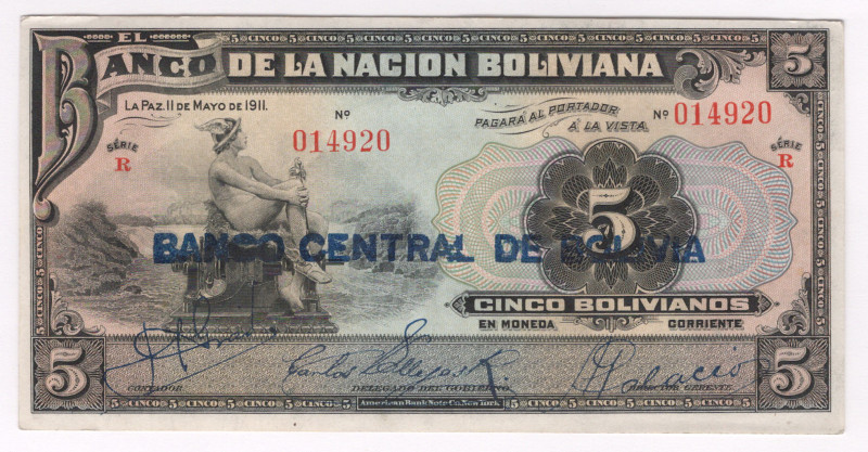 Bolivia 5 Bolivianos 1911 (1929)

P# 113, N# 219118; # R 014920; UNC