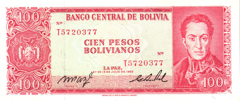 Bolivia 100 Pesos Bolivianos 1962

P# 163a, N# 212603; # T 5720377; UNC